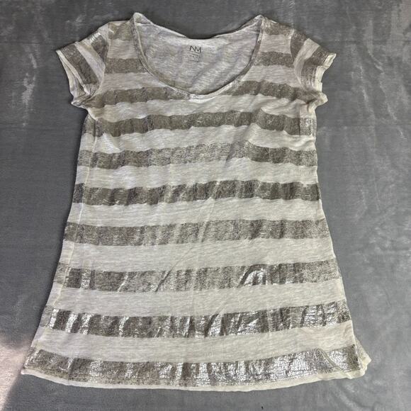 Neiman Marcus Linen Silver Striped Short Sleeve Shirt Women's 2 y2k‎ - Picture 1 of 6